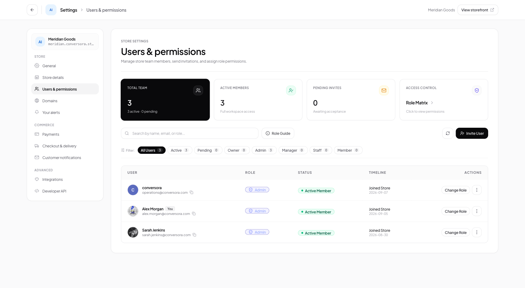 Users & permissions hub displaying active members, pending invitations, and granular role controls.